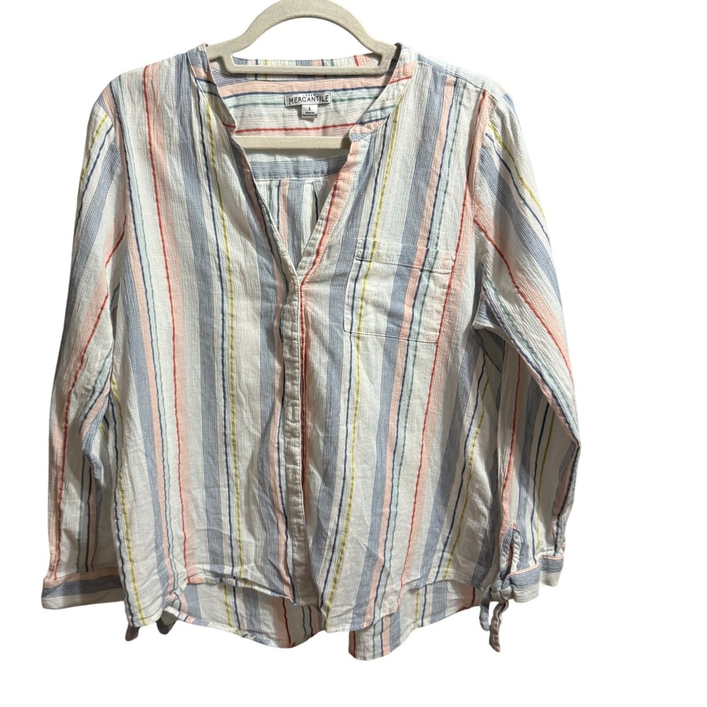 J.Crew Mercantile Tie Sleeve Striped Button Down Shirt Multicolor Sz L